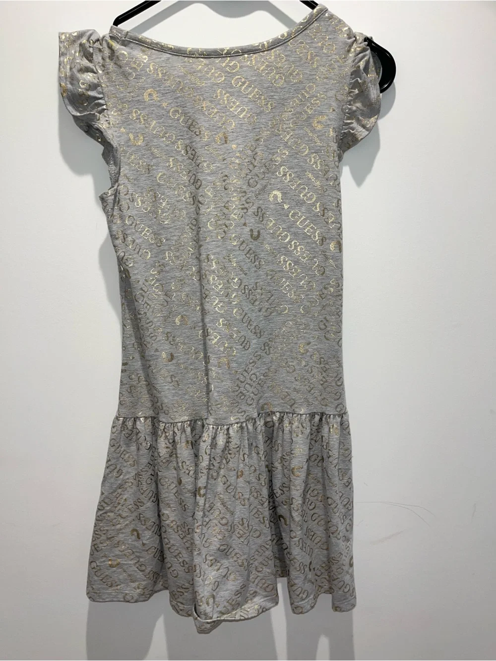 GUESS Gray Dress with Gold Logo Print and Flutter Sleeves